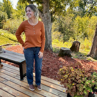 Orange Waffle Knit Button Neck Pullover Long Sleeve Top