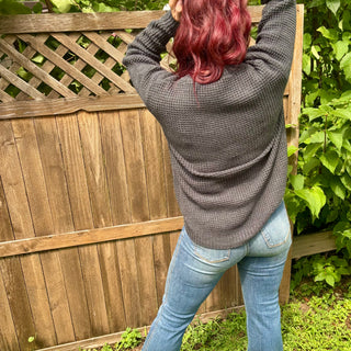 Charcoal Long Sleeve Round Neck Waffle Knit Sweater
