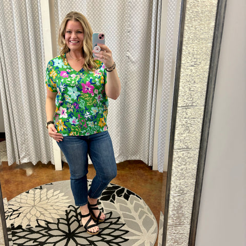Green Floral High-Low with V-Neck
