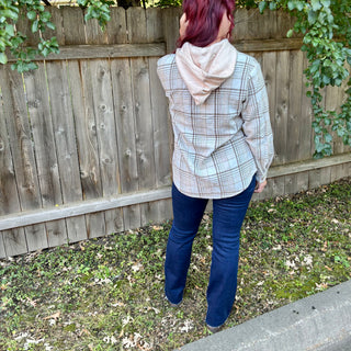 Khaki Plaid Shacket with Removable Hood