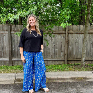 High Waisted Floral Print Flowy Pants