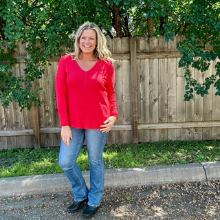 Red Front Seam V-Neck Sweater
