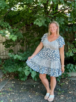 Short Sleeve Blue/White Floral Smocked Bodice Dress