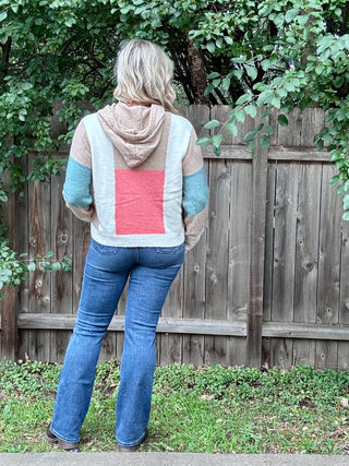 Tan, Teal, Cream, Coral Color Block Sweater Hoodie