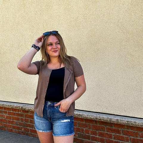 Coffee Ribbed Button Down with Lace Trim