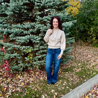 Beige Mock Neck Exposed Seam Sweater