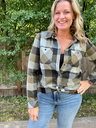 Olive, Black Stretch Plaid Button Up