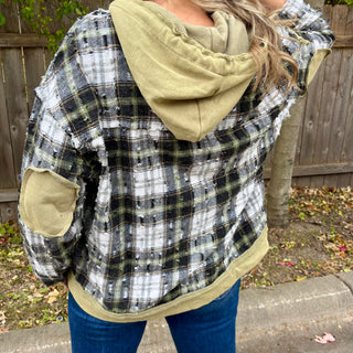Olive and Black Plaid Hooded Button Up
