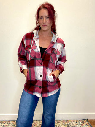 Cabernet Plaid Hooded Fleece Shacket