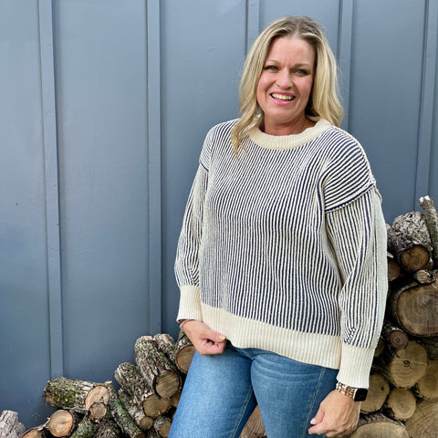 Navy Two Tone Crew Neck Sweater