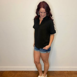 Black Woven Airflow Collared Short Sleeve
