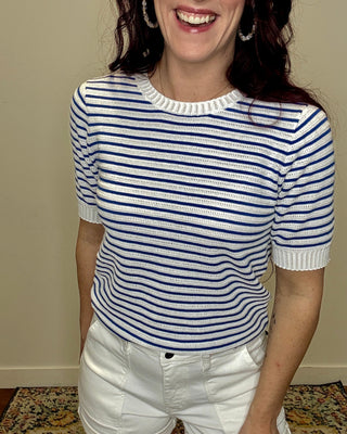 Navy Pointelle Striped Short Sleeve Sweater