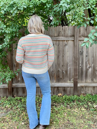 Crewneck Multi Color Textured Striped Long Sleeve Sweater
