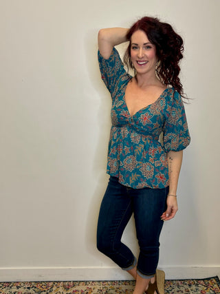 Short Sleeve Twist Front Floral Blouse