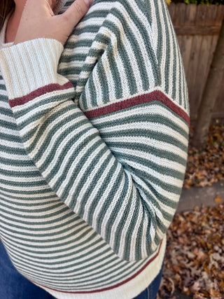 Dark Sage Striped Crew Neck Pullover