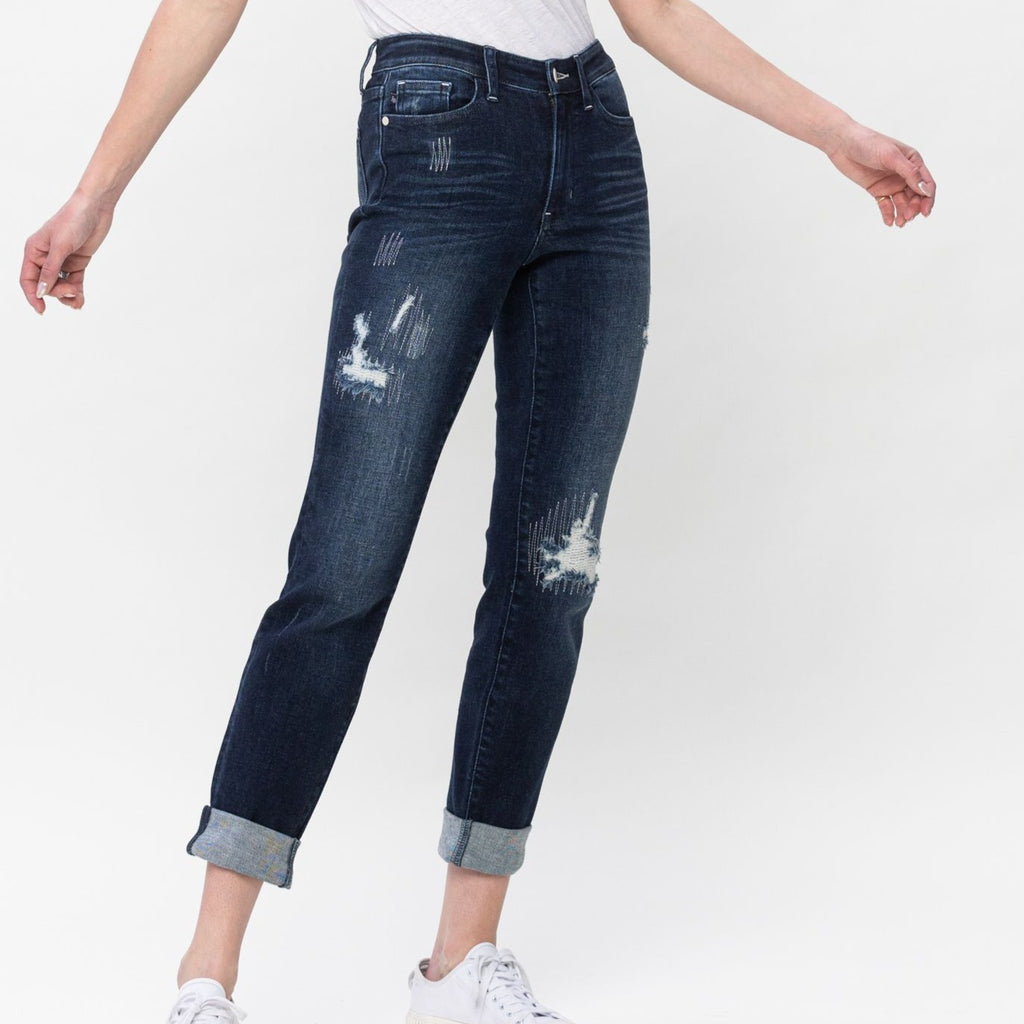 Judy Blue Mid Rise Back Patched Distressed Boyfriend