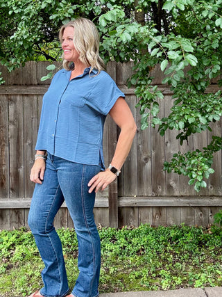 Dusty Blue Woven Airflow Button Up