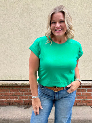 Kelly Green  Round Neck Folded Sleeve Tee