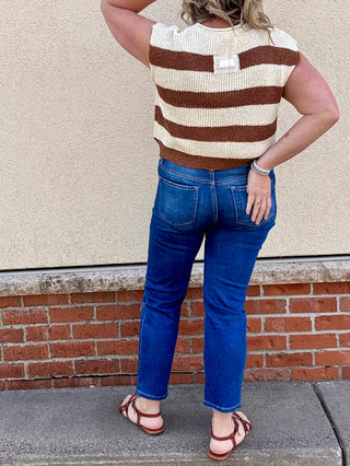 Camel Split Neck Sleeveless Stripe Sweater