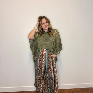 Olive Lace Crochet Poncho Top