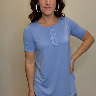 Spring Blue Short Sleeve Quarter Button Top