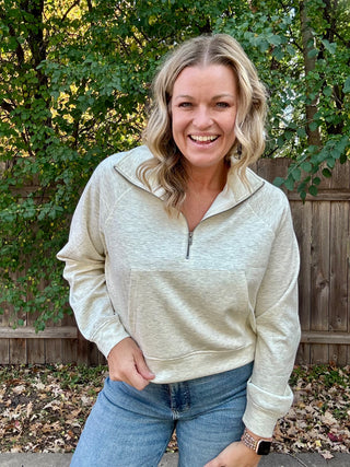 Heather Vanilla Scuba Half Zip Pullover with Kangaroo Pocket