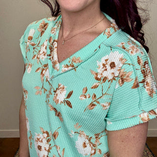 Mint Floral Ribbed Top
