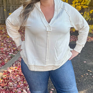 Cream Hooded V-Neck Long Sleeve