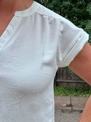 White Cuffed Short Sleeve Air Flow Split Neck Button Down Top