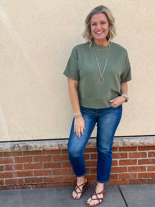 Olive Ribbed Round Neck Short Sleeve