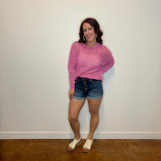 Pink Open Knit Long Sleeve Sweater Top
