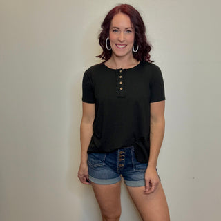 Black Short Sleeve Quarter Button Top