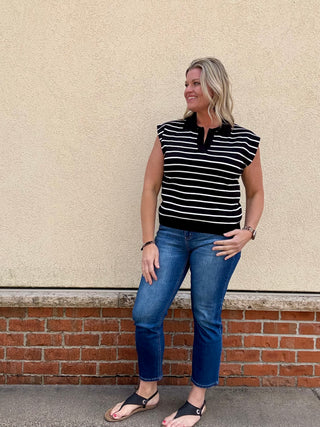Ivory/Black Striped Collared Sweater Sleeveless Top