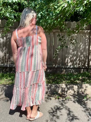 Striped Spaghetti Strap Tiered Maxi Dress