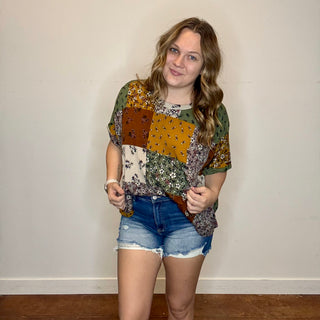 Color Block Floral Oversized Ribbed Top