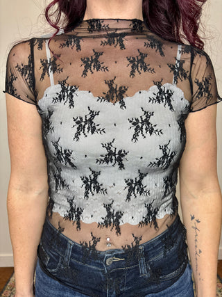 Black Short Sleeve Sheer Lace Top