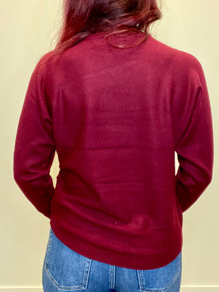 Dark Burgundy Front Seam Round-Neck Sweater