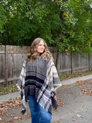 Black, Cream, Blush Plaid Hooded Poncho