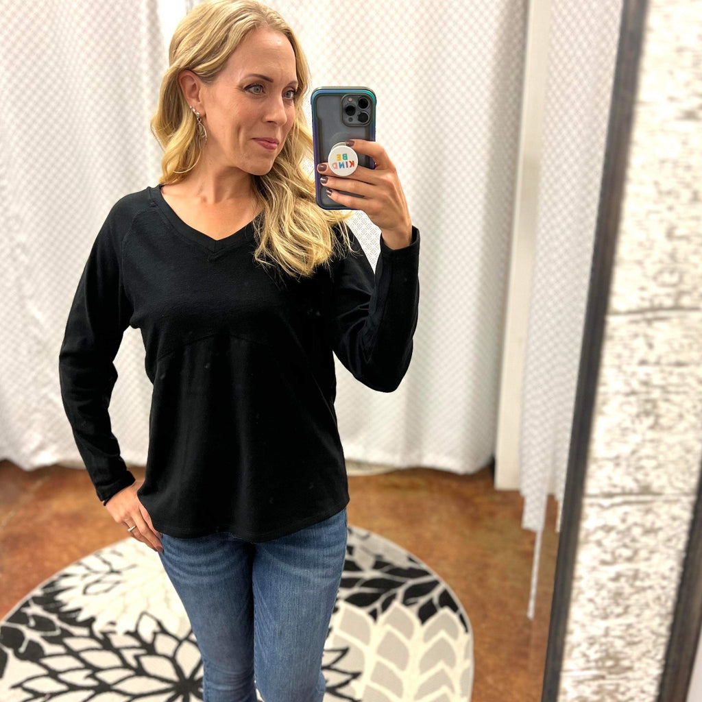 Black V-Neck Textured French Terry Long Sleeve Top