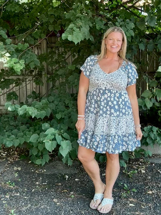 Short Sleeve Blue/White Floral Smocked Bodice Dress