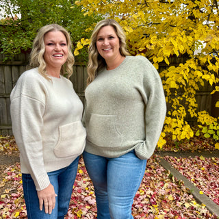 Moss Olive Crew Neck Sweater with Kangaroo Pocket