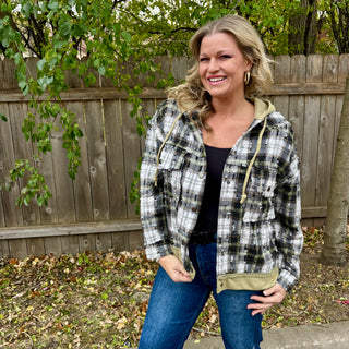 Olive and Black Plaid Hooded Button Up