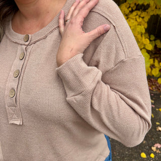 Ribbed Henley Long Sleeve Knit Top