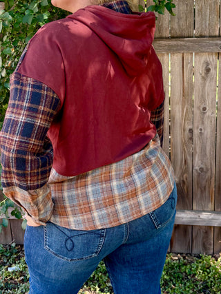 Maroon Soft Knit Hoodie with Mixed Plaid Details