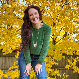 Dark Green Round Neck Waffle Knit Sweater