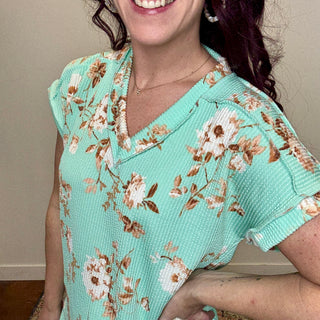 Mint Floral Ribbed Top