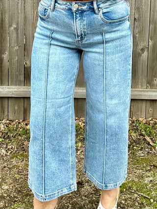 Risen Mid Rise Crop Wide Leg Pintuck Detail Jeans