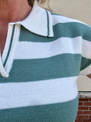 Jade Striped Collared Short Sleeve Sweater