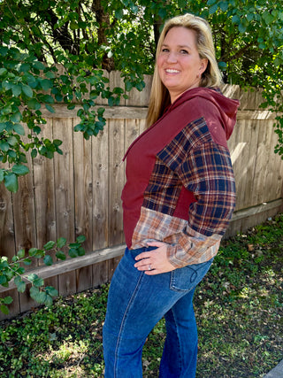 Maroon Soft Knit Hoodie with Mixed Plaid Details