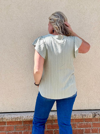 Embroidered Split Neck Ruffle Sleeve Top